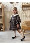 Girl's Plaid Patterned Collar Dress with Bird Embroidery Detail - 3