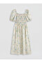 Green Square Collar Floral Balloon Sleeve Poplin Dress - 6
