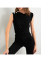 Women's Black Button Detailed Gathered Blouse App1205-1 - 2