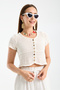 Women's Ecru Buttoned Openwork Knitwear Crop Blouse Summer Short Sleeve Bohemian Knitted Blouse - 5