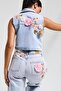 Women's Denim Color 3S6-89 Crop Fit Rose and Embroidery Detailed Special Design Denim Vest - 4