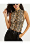 Women's Mink Half Fisherman Snake Patterned Sleeveless Short Blouse App1200 - 3
