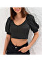 Women's Black-Ecru Balloon Sleeve Crop Blouse App1117 - 3