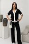 Women's Self White Striped and Stripe Detailed Front Buttoned V-Neck Short Sleeve Modal Set - 4