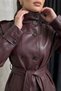 Women's Faux Leather Jacket Belted Buttoned Long Sleeve Pocketed Stand Collar Leather Trench Coat - 5