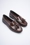 Zr88Ms01 Premium Bitter Brown Patent Leather Tasseled Women's Loafer Ballet Flats - 2
