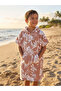 Beach Towel Children's Poncho with Hood (Beige Leaf Pattern) - 2