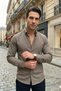 Slim Fit Lycra Button Collar Long Sleeve Casual Brown Shirt - 6