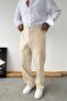 Beige Straw Detail Baggy Linen Trousers
