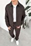 Brown Zippered Textured Relaxed Fit Boxy Jacket