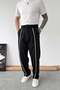 Black Straw Detail Baggy Linen Trousers