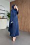 Tailed Satin Evening Dress Navy Blue - 2