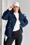 جاكيت جينز نسائي بصف أزرار مزدوج - جاكيت دنيم قصير بياقة عالية وحزام خصر - 3