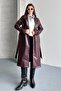 Women's Double-Breasted Collar Long Faux Leather Trench Coat - Belted Burgundy Leather Coat - 3