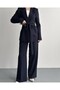 Women's Two-Piece Suit Blazer Jacket and Trousers Navy Blue - Belted Double-Breasted Collar Stylish Suit - 5