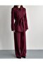 Women's Two-Piece Suit Blazer Jacket and Trousers Burgundy - Belted Double-Breasted Collar Stylish Suit - 5