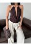 Women's V-Neck Backless Sandy Blouse with Buckle Detail