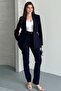 Women's Two-Piece Suit Blazer Jacket Pants - Stylish Navy Blue Suit with Button and Pleat Detailing - 4