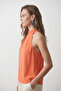 Women's Orange Stand Collar Buttoned Pleated Sandy Fabric Blouse - 3