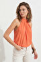 Women's Orange Stand Collar Buttoned Pleated Sandy Fabric Blouse - 4