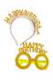 Gold Color Happy Birthday Written Crown and Glasses