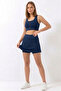 Navy Blue High Waist Double Layer Mini Skirt Tennis Skirt and Zipper Bustier Crop Set - 4