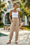 Beige Pocketed, Stitched Cuffs, Elastic Waist, Casual Muslin Woven Trousers 94 63 - 4
