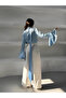 Scarf Detail Spanish Sleeve Satin Blouse - Baby Blue - 7