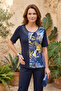 Women's Plus Size Lycra Crew Neck Garnished Glitter Print Patterned Short Sleeve Mom T-Shirt Combed Cotton Blouse
