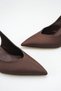 Brown Satin Stiletto Pointed Toe Mid-Stitched Detailed Daily Comfortable Women's Heeled Shoes - 5