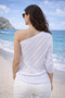 Women's Asymmetrical Collar Single Sleeve Openwork Special Design Stylish Knitted Patterned White Knitwear Blouse - 3
