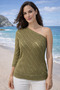 Women's Asymmetrical Collar Single Sleeve Openwork Special Design Stylish Knitted Patterned Khaki Knitwear Blouse - 5