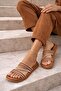 Straw Textured Cross Braided Strap Women's Slippers with Stone Detail - 8