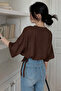 Women's Oversize Basic Brown T-Shirt with Side Ties, Comfortable Cut, Casual Summer T-Shirt - 3