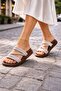Straw Textured Cross Braided Strap Women's Slippers with Stone Detail - 6