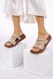 Straw Textured Cross Braided Strap Women's Slippers with Stone Detail - 4