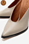 Genuine Leather Handmade Beige Leather Pointed Toe Thin Heeled Slippers Kobede - 3