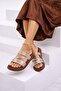 Straw Textured Cross Braided Strap Women's Slippers with Stone Detail - 7