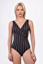 Women's Double-Breasted Striped Patterned Gathering Swimsuit - 2