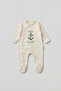 Baby Boy Overalls with Booties Little Captain Printed Snap Fastener Ecru Bodysuit Overalls 5794 - 2