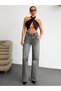 Gray High-Waisted Ripped Detailed Wide-Leg Jeans - 5