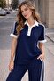 Women's Polo Collar Stripe Detailed Two-Piece Tracksuit Set Comfortable Fit - 2