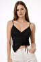 Women's Black Crop Blouse Draped Straps Double Breasted Collar Gathered Stylish Top