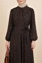 High Collar, Tie at the Waist, Elastic Sleeves, Lined, Flog Printed Dress -K. Coffee - 3