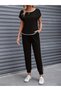 Women's Short Sleeve Round Neck Stripe Detailed Viscose Two-Thread Blouse and Trousers Two-Piece Set - 3