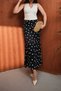 Women's Polka Dot Pattern Viscose Satin Long Skirt with Elastic Waist and Zipper Detail - Black