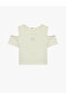 Crew Neck Short Sleeve Heart Printed Blouse with Window Detail