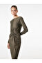 Long Sleeve Round Neck Midi Length Dress with Draped Detail - 2