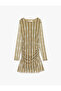 Slim Fit Long Sleeve Round Neck Draped Detailed Mini Plaid Tulle Dress - 5
