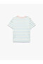 Embroidery Detailed Crew Neck Short Sleeve Cotton Striped T-Shirt - 4
